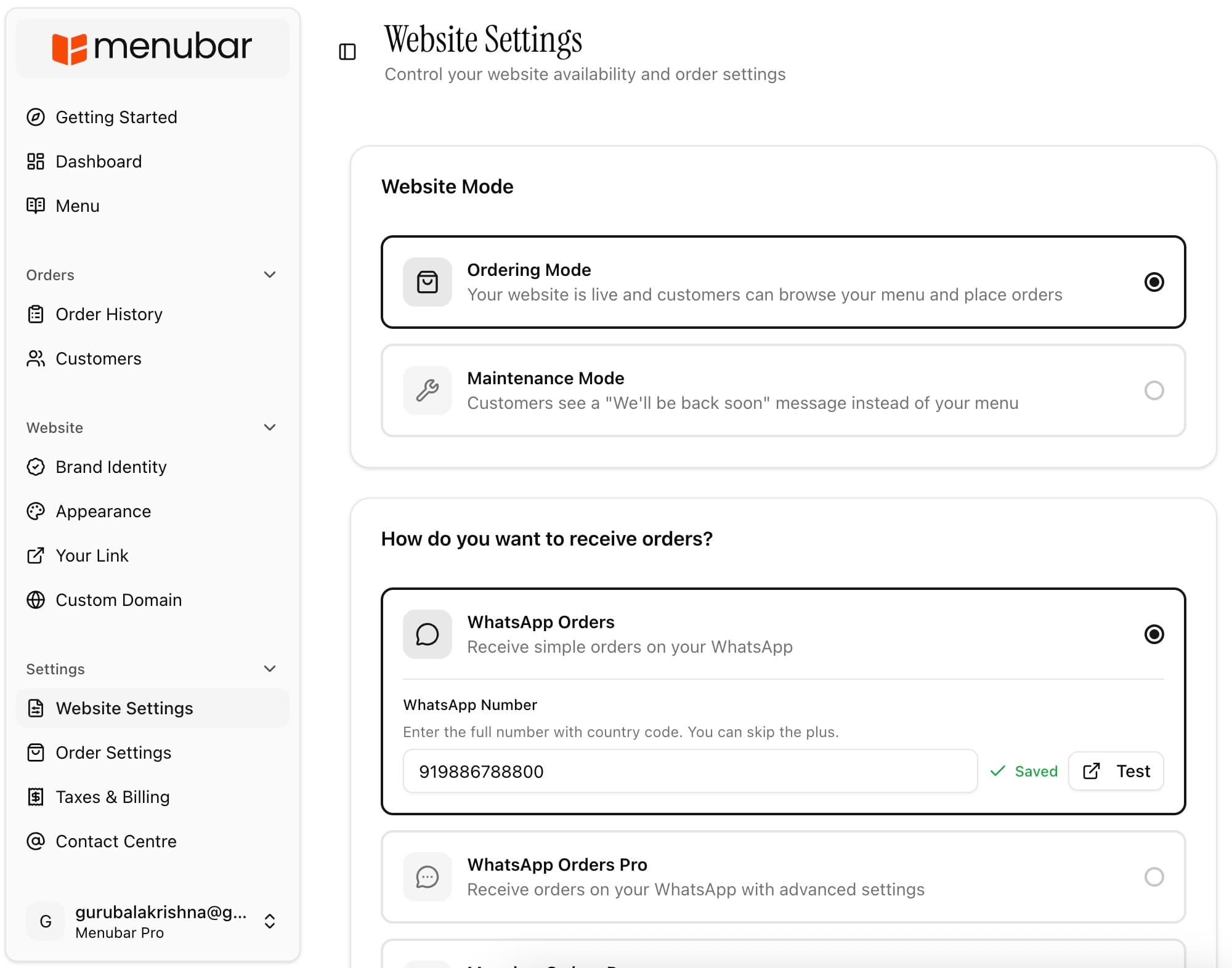 Menubar admin dashboard showing website link sharing and marketing tools